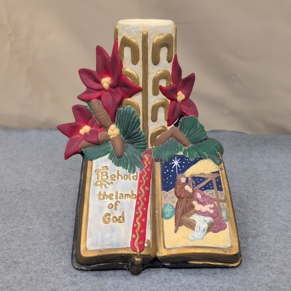 Atlantic Mold Vtg Ceramic Nativity Book Candle Display Behold the Lamb of God